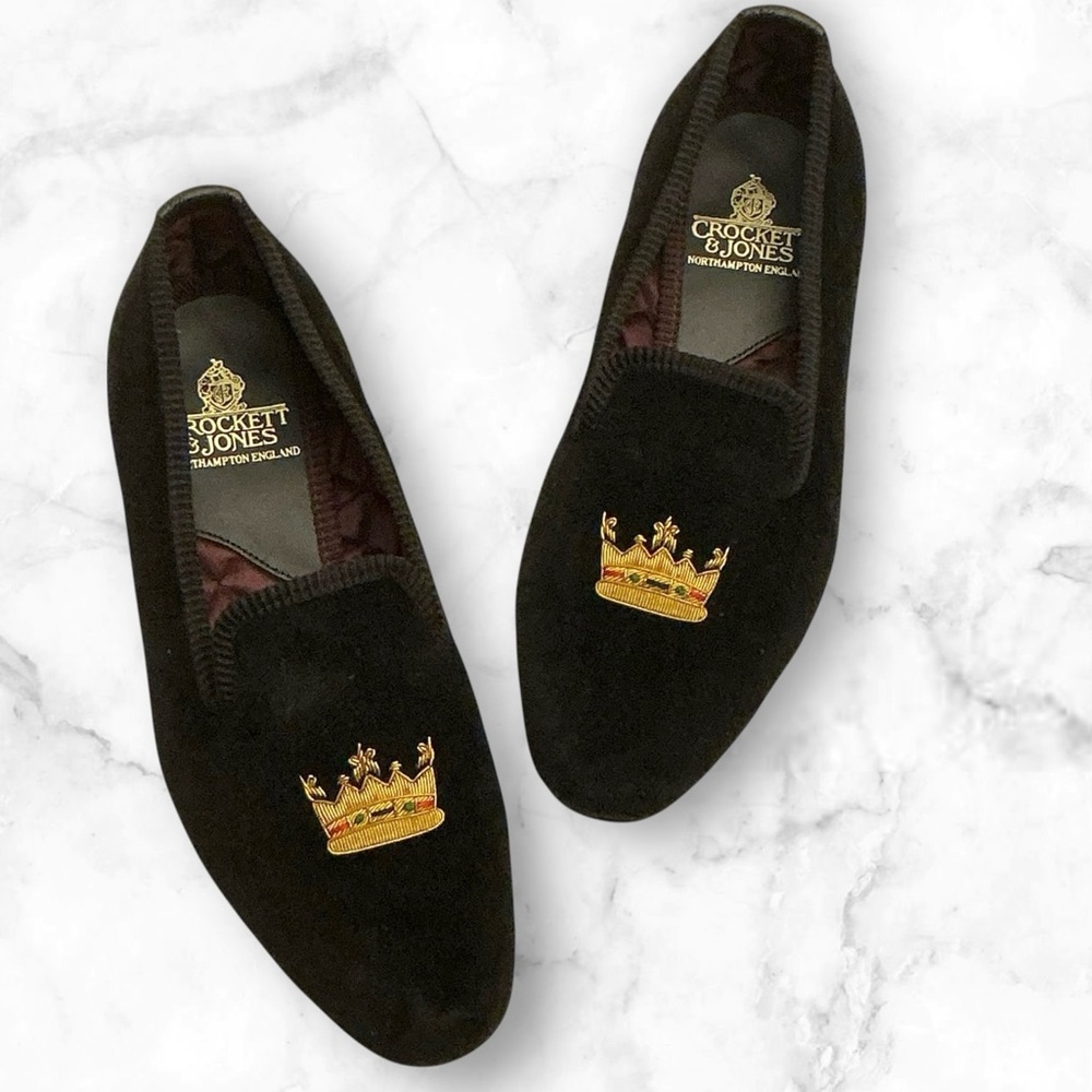 Crockett & Jones Coronet Crown Black Velvet Loafer Slipper England Made UK 4/US6